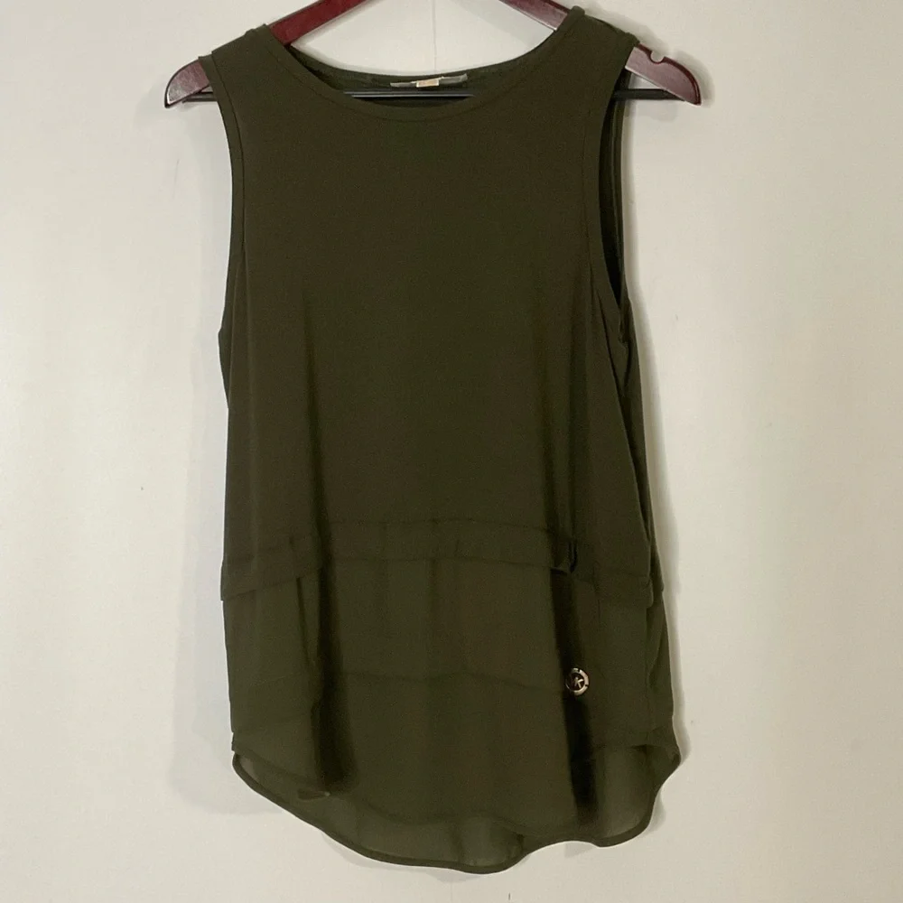 Michael Kors Army Green Sheer Layered Panels; Logo Emblem Tank Top; Size Medium